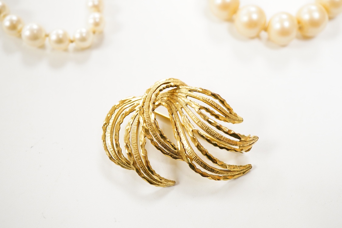 Two single strand graduated cultured pearl necklaces, one with a single stone rose cut diamond set 9ct white metal clasp, 42cm, together with a simulated pearl necklace and three assorted costume brooches.